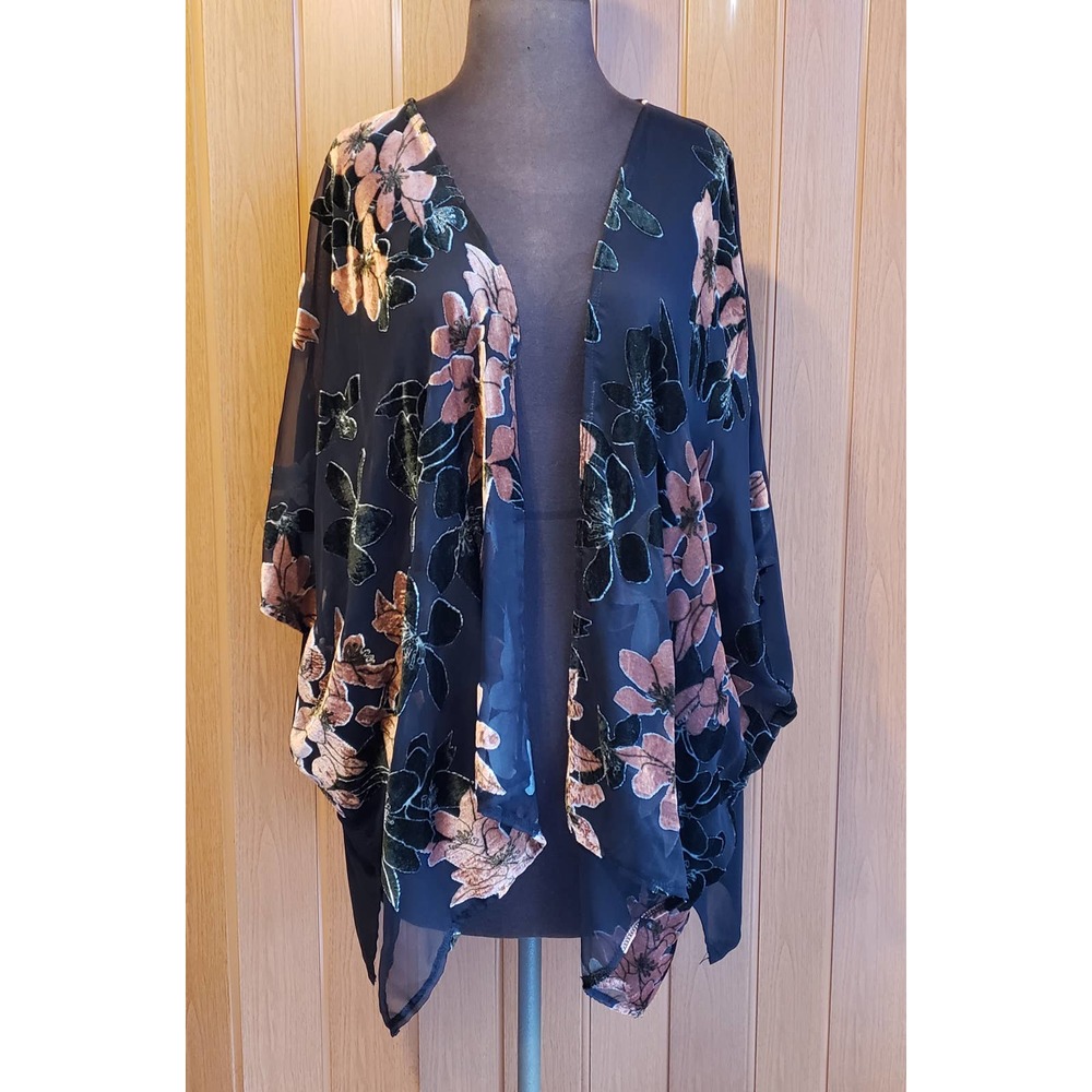 One size fits most black mesh floral print open blouse